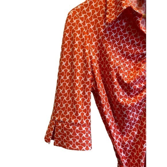 Laundry Orange Geometric Collared, V-Neck Button Down Dress, Tie & 3/4 Sleeves - Picture 6 of 8